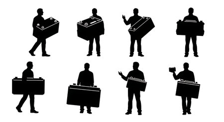 Black Solid Analysts Carrying Batteries Set of Six isolated on plain white background.のイラスト素材