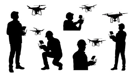 Black Solid Telecom Engineer Drone Pilot Silhouettes Set of Six isolated on plain white background.