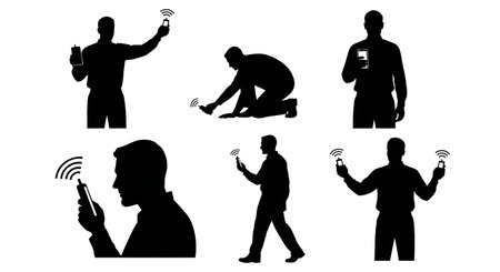 Black Solid System Administrator WiFi Test Silhouettes Set of Six on White Background isolated on plain white background.のイラスト素材