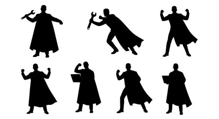 Black Solid Analysts Wearing Capes Set of Six isolated on plain white background.のイラスト素材