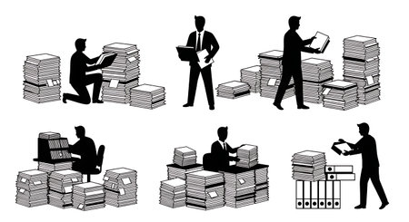 Black Solid Analysts Sorting Files and Folders Set of Six isolated on plain white background.のイラスト素材
