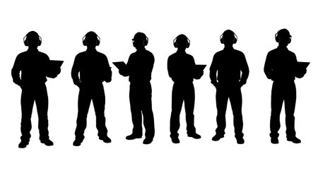 Black Solid Network Engineer Ear Protection Silhouettes Set of Six isolated on plain white background.のイラスト素材