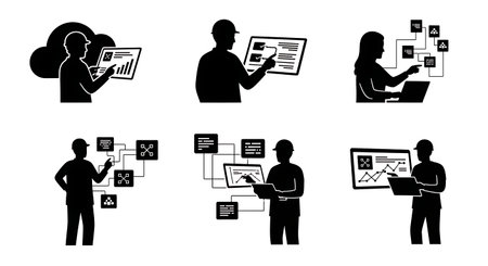 Black Solid Cloud Service Mesh Silhouettes Set of Six on White Background isolated on plain white background.のイラスト素材