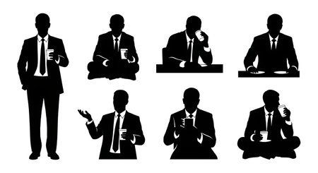 Black Solid Clerk Coffee Break Silhouettes Set of Six on White Background isolated on plain white background.のイラスト素材