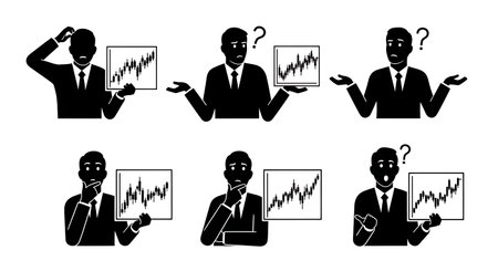 Black Solid Analyst Confused Chart Silhouettes Set of Six on White Background isolated on plain white background.のイラスト素材