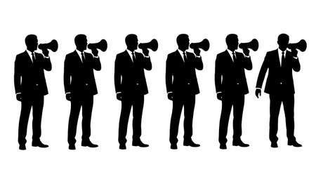Black Solid Agent Holding Megaphone Silhouettes Set of Six on White Background isolated on plain white background.のイラスト素材