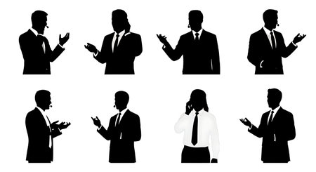 Black Solid Call Center Operator Standing Silhouettes Set of Six on White Background isolated on plain white background.のイラスト素材