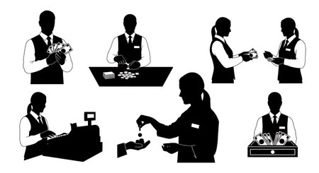 Black Solid Cashier Counting Cash Silhouettes Set of Six on White Background isolated on plain white background.のイラスト素材