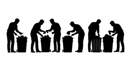 Black Solid Distressed Debt Value Hunt Silhouettes Set of Six on White Background isolated on plain white background.のイラスト素材