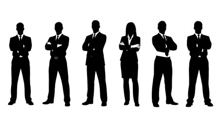 Black Solid HR Confident Leadership Silhouettes Set of Six on White Background isolated on plain white background.のイラスト素材