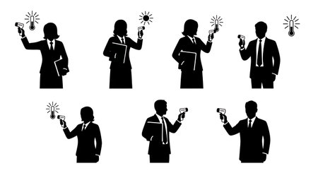 Black Solid HR Thermometer Climate Silhouettes Set of Six on White Background isolated on plain white background.のイラスト素材