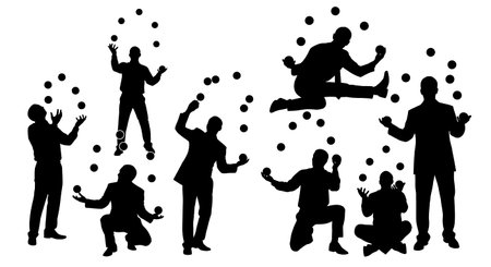 Black Solid Insurance Juggling Multitask Silhouettes Set of Six on White Background isolated on plain white background.のイラスト素材