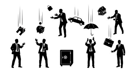 Black Solid Insurance Catching Save Silhouettes Set of Six on White Background isolated on plain white background.のイラスト素材