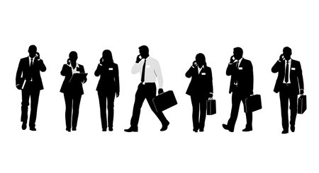 Black Solid Insurance Agent Mobile Walking Silhouettes Set of Six on White Background isolated on plain white background.のイラスト素材