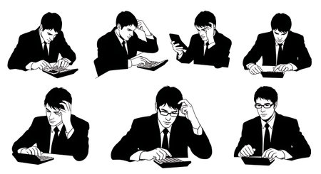 Black Solid Investment Analyst Calculator Silhouettes Set of Six on White Background isolated on plain white background.のイラスト素材
