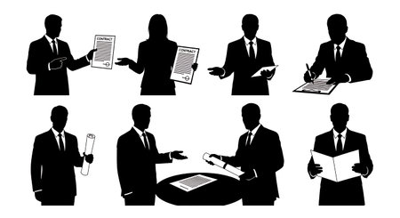 Black Solid Interviewer Pointing Contract Silhouettes Set of Six on White Background isolated on plain white background.のイラスト素材