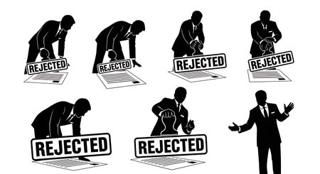 Black Solid Loan Officer Rejected Stamp Silhouettes Set of Six on White Background isolated on plain white background.のイラスト素材
