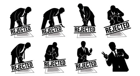 Black Solid Loan Officer Rejected Stamp Silhouettes Set of Six on White Background isolated on plain white background.のイラスト素材
