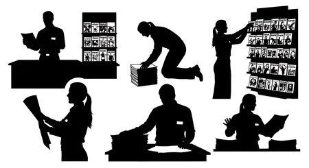 Black Solid Newsstand Assistant Silhouettes Set of Six on White Background isolated on plain white background.のイラスト素材
