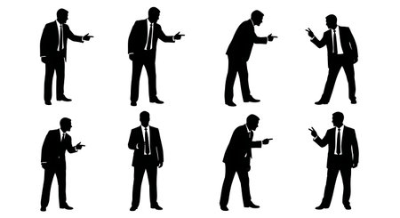 Black Solid Manager Shaking Finger Silhouettes Set of Six on White Background isolated on plain white background.のイラスト素材