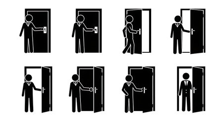 Black Solid Manager Unlocking Door Silhouettes Set of Six on White Background isolated on plain white background.のイラスト素材