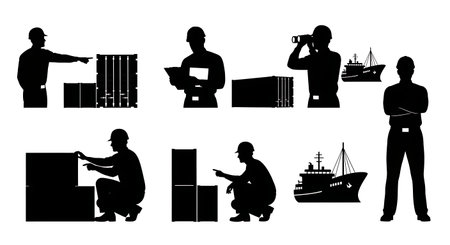 Black Solid Marine Insurance Inspection Silhouettes Set of Six on White Background isolated on plain white background.のイラスト素材