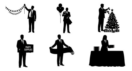 Black Solid Office Manager Party Decor Silhouettes Set of Six on White Background isolated on plain white background.のイラスト素材