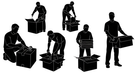 Black Solid Retail Staff Box Cutter Silhouettes Set of Six on White Background isolated on plain white background.のイラスト素材