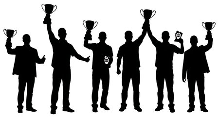 Black Solid Recruiter Holding Trophy Silhouettes Set of Six on White Background isolated on plain white background.のイラスト素材