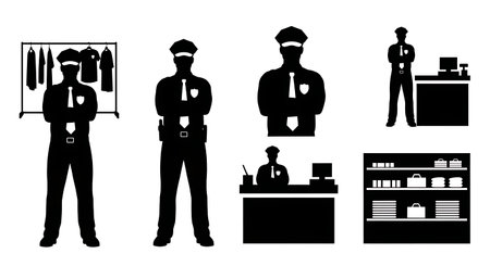 Black Solid Retail Security Guard Silhouettes Set of Six on White Background isolated on plain white...