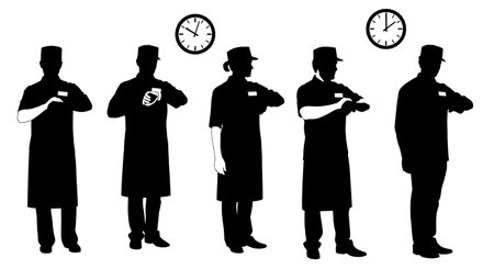 Black Solid Retail Clerk Checking Watch Silhouettes Set of Six on White Background isolated on plain white background.のイラスト素材