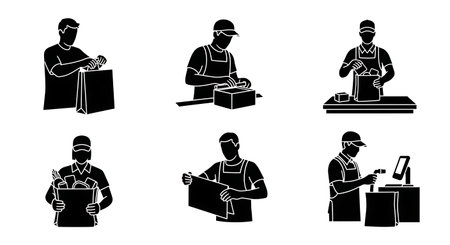 Black Solid Retail Worker Bagging Silhouettes Set of Six on White Background isolated on plain white background.のイラスト素材