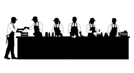 Black Solid Retail Worker Closed Sign Silhouettes Set of Six on White Background isolated on plain white background.のイラスト素材
