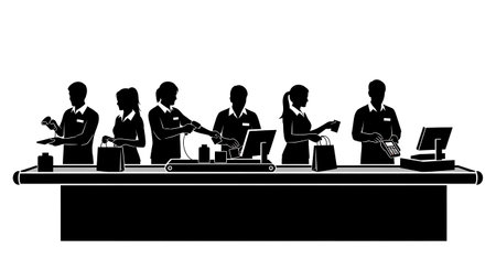 Black Solid Shop Assistant Scanning Silhouettes Set of Six on White Background isolated on plain white background.のイラスト素材