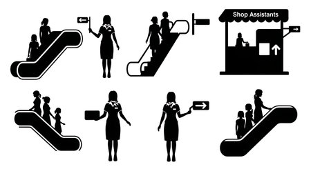 Black Solid Shop Assistant Escalator Guide Silhouettes Set of Six on White Background isolated on plain white background.のイラスト素材