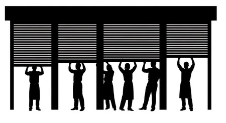 Black Solid Shop Assistant Shutter Silhouettes Set of Six on White Background isolated on plain white background.のイラスト素材