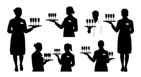 Black Solid Shop Assistant Champagne Silhouettes Set of Six on White Background isolated on plain...