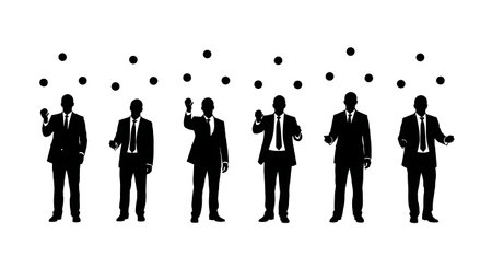 Black Solid Portfolio Manager Juggling Silhouettes Set of Six on White Background isolated on plain white background.のイラスト素材