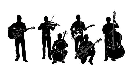 Black Solid Music Store Assistant Silhouettes Set of Six on White Background isolated on plain white...