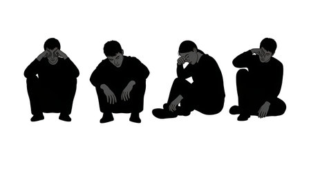 Black Solid Interviewer Rubbing Eyes Silhouettes Set of Six on White Background isolated on plain white background.のイラスト素材