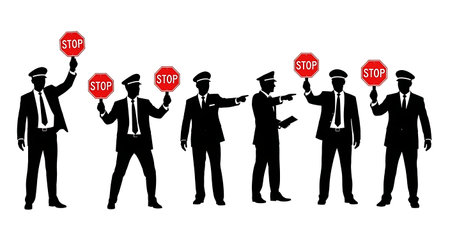 Black Solid Financial Regulator Stop Sign Silhouettes Set of Six on White Background isolated on plain white background.のイラスト素材