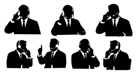 Black Solid Bond Trader Headset Silhouettes Set of Six on White Background isolated on plain white background.のイラスト素材