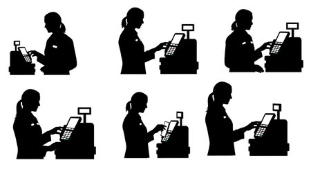 Black Solid Cashier Typing Card Machine Silhouettes Set of Six on White Background isolated on plain white background.のイラスト素材