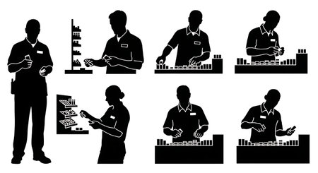 Black Solid Convenience Clerk Restocking Silhouettes Set of Six on White Background isolated on plain white background.のイラスト素材