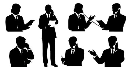 Black Solid Talent Acquisition Phone Screen Silhouettes Set of Six on White Background isolated on plain white background.のイラスト素材