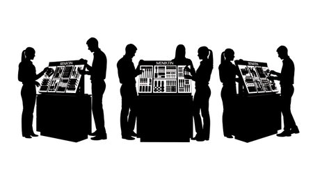 Black Solid Visual Merchandiser Cosmetics Stand Silhouettes Set of Six on White Background isolated on plain white background.のイラスト素材