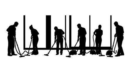 Black Solid Visual Merchandiser Vacuuming Silhouettes Set of Six on White Background isolated on plain white background.のイラスト素材