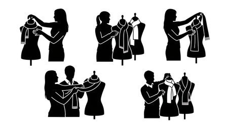 Black Solid Visual Merchandiser Scarf Styling Silhouettes Set of Six on White Background isolated on plain white background.のイラスト素材