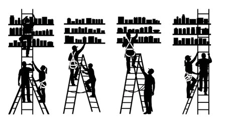Black Solid Shop Assistant Ladder Silhouettes Set of Six on White Background isolated on plain white background.のイラスト素材
