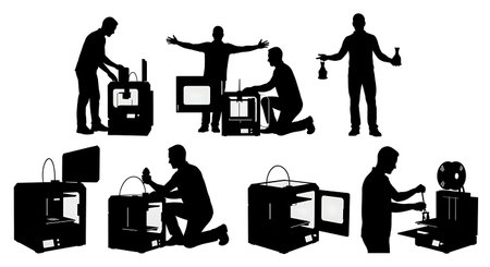 Black Solid 3D Printer Showroom Techs Removing Prints Set of Six on White Background isolated on...